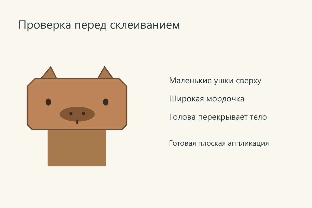 Проверка перед склеиванием: Голова заметно шире туловища: Ушки маленькие и расположены сверху: Глаза и нос находятся на голове